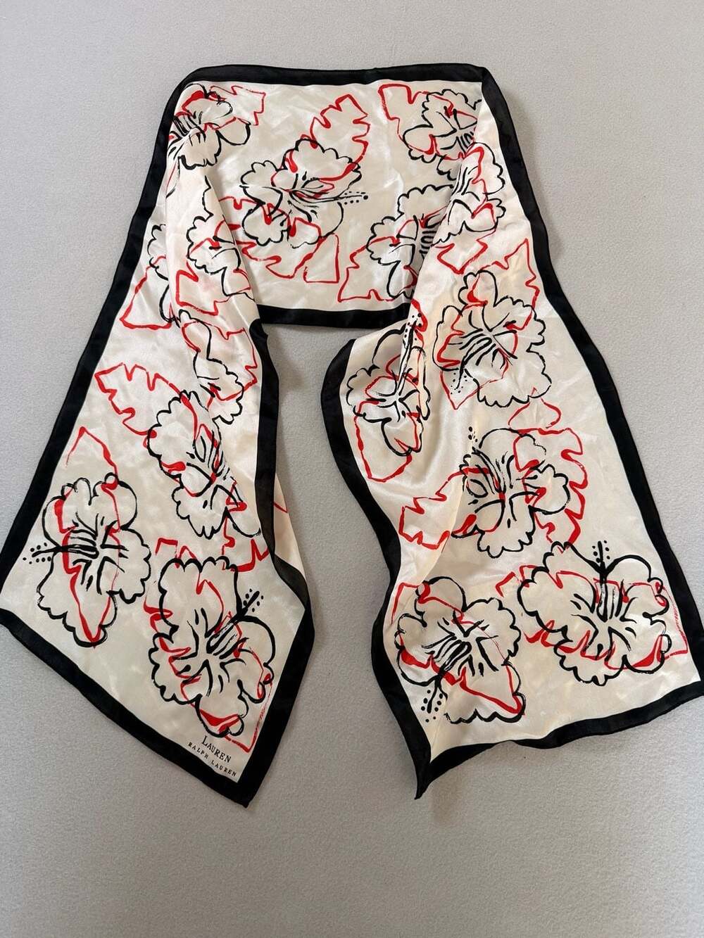 LAUREN Ralph Lauren Floral Print Silk Scarf in Cream, Black, and Red